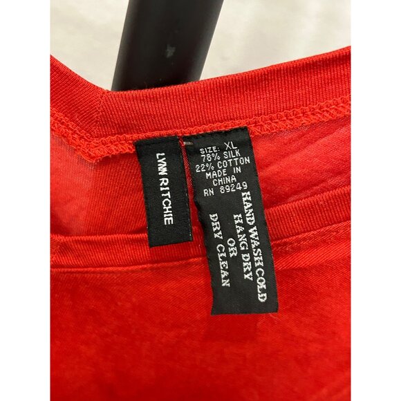 Lynne Ritchie Womens Red Silk Cotton Blend V-Neck Sheer Sleeve Top Sz XL - Picture 5 of 7